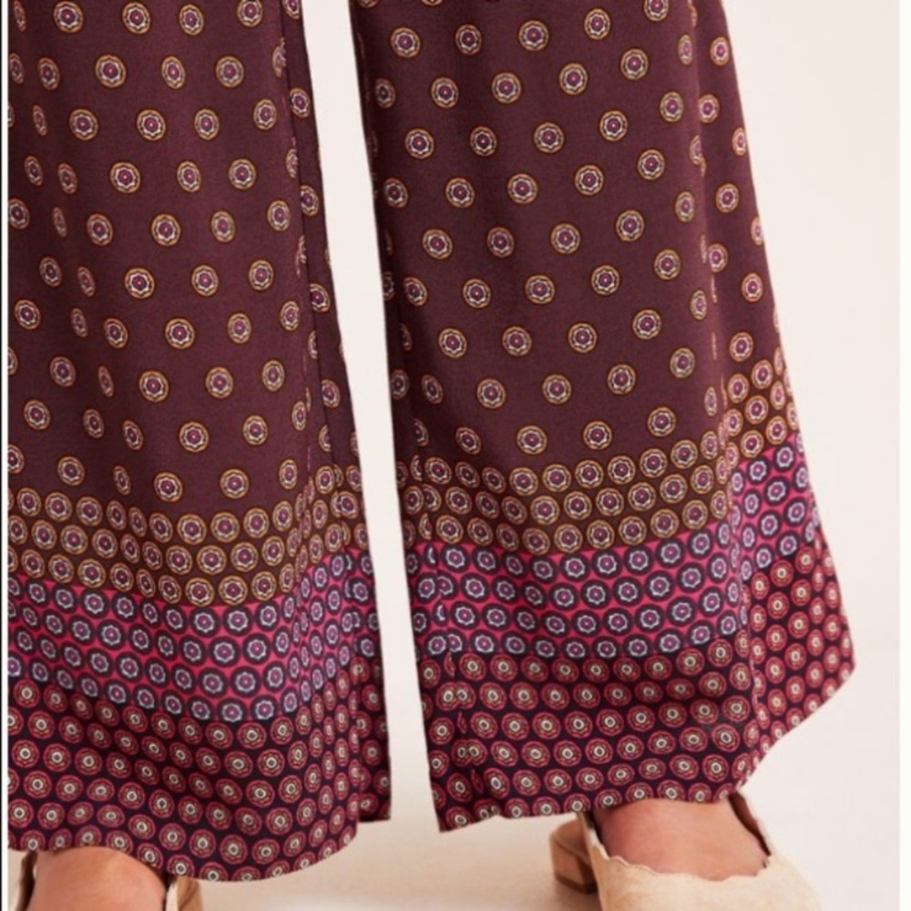 Anthropologie Marsden Maroon Print Wide Leg Pants - Picture 2 of 7